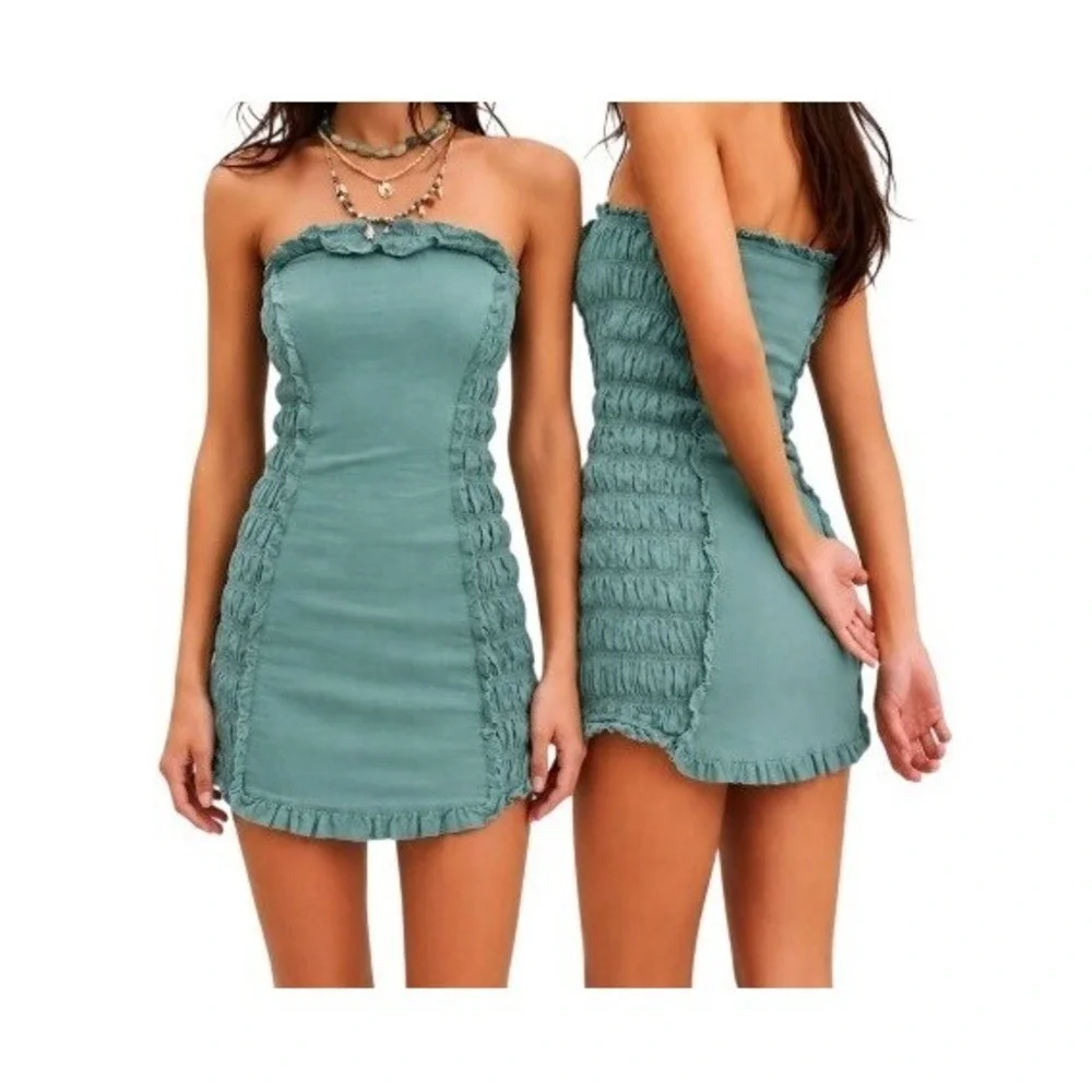 Free People Free-Est Womens M My Muse Strapless Smocked Green Mini Dress NWT